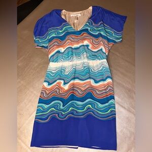 womens trina turk 100% silk dress groovy wave print lined ss sz 6 elastic waist